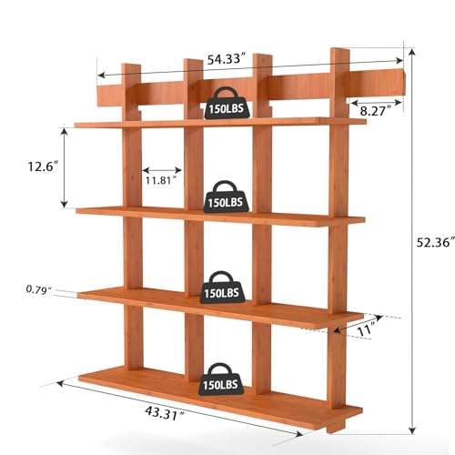 Bookshelf 4 Tier Wall Mounted Book Shelf, Space-Saving Floating Bamboo Bookcase Heavy Duty 600lbs, Storage Display Shelf for Living Room Bedroom Office, 43" W x 52" H