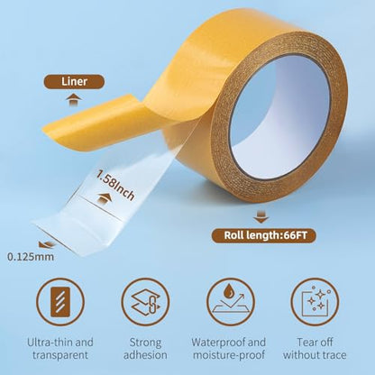 Ultra-Thin Clear Double Sided Tape Heavy Duty 1.58Inch X 66Feet Two Sides Strong Stick Mounting Adhesive Tape For Rug Fixed,DIY Crafts,Poster,Arts,Fixed Clothes,Paste Photo,Scrapbook,Gift Wrap - size: 1.58Inch x 66Feet