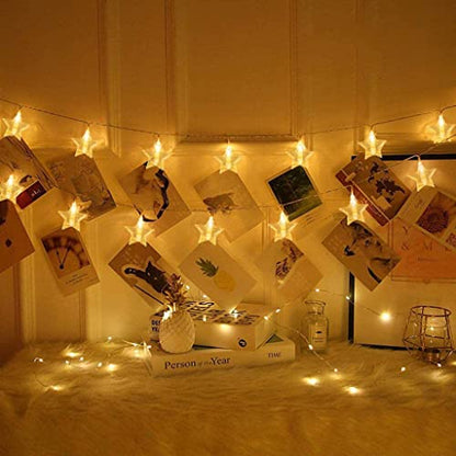YOLIGHT Stars Photo Clips String Light, 10ft LED Photo Wall Decor Lights with 20 Clips, Battery Operated Star Fairy Lights for Dorm Room Christmas Party Wedding Valentines Day Decoration - style: Shining Star