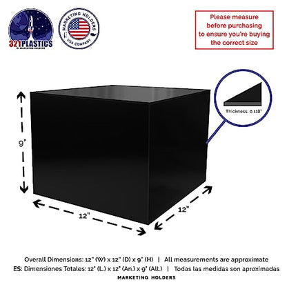 2 Pack Acrylic Box Display Riser 12 x 12 x 9 Inch Black Storage Caddy with One Open Side No Lid Retail Product Riser or Versatile Square Plexiglass Small Merchandise Bin by Marketing Holders - size: 12"w x 9"h Black