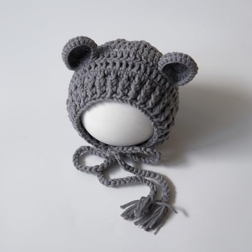 Zeroest Newborn Baby Boy Girl Photography Props Bear Hat Outfits Crochet Kint Handmade Cap Set for Newborn Photo Shoot - color: Grey