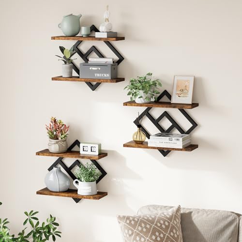 ELYKEN Floating Shelves for Wall, Set of 3 Hanging Shelves, 2-Tier Wall Mounted Storage Shelves for Books & Decor, Perfect for Living Room, Bedroom, Kitchen, Home Office, Study, Rustic Brown - color: Rustic Brown + Black, size: 3 PCS