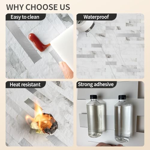 DICOFUN 20 Sheets White Marble Peel and Stick Backsplash Tile, Faux Stone PVC Mixed Metal Stick on Backsplash Kitchen Wall Tiles - color: White Marble + Metal Silver, size: 20 Sheets, 6’’x12’’x0.12’’