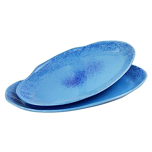 roro Hand-Molded Ceramic Stoneware Oval Dinner Plates Set of 2 - Coral Beach Blue, Speckled Design, 12.5" x 7.5" - Microwave, Oven, Dishwasher Safe, Restaurant-Grade, Prop 65 Compliant - color: Coral Beach Blue, size: Oval Plate x 2