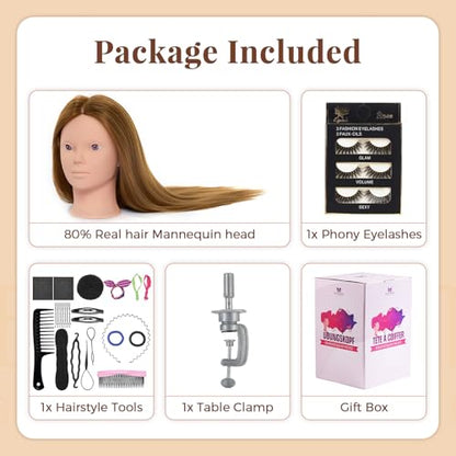 Mannequin Head 80% Human Hair with Tripod Stand,28 Inch Make up Cosmetology Manikin Practice Doll Head,Braiding Hairdressing Head with Table Clamp + DIY Hair Styling Set - color: Blonde#27