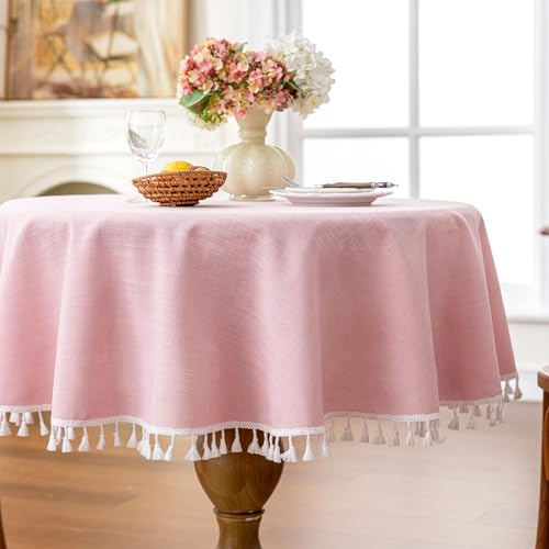 JIALE Valentines Textured Tablecloth, Heavy Duty Linen Style Farmhouse Table Cloth Round Tables, Wrinkle-Free Washable Waterproof Table Cover for Kitchen, Dining, Parties, 55"x55", Pink - color: Pink, size: 55" (Round)