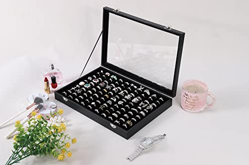 100 Slots Ring Case Organizer Display Box,Rings Holder Storage Boxes for Jewelry Showcase with Glass Lid (Black Velvet).