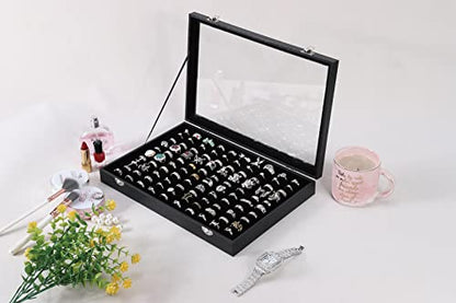 100 Slots Ring Case Organizer Display Box,Rings Holder Storage Boxes for Jewelry Showcase with Glass Lid (Black Velvet).