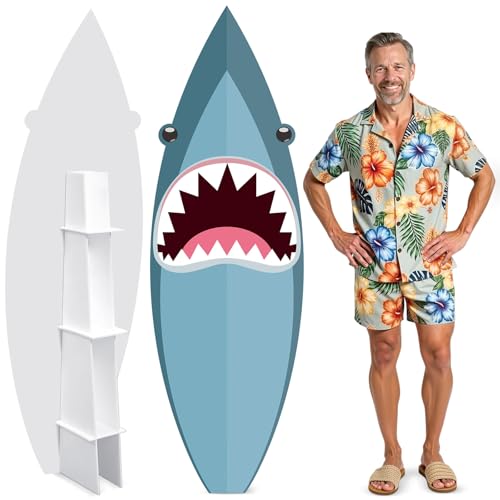 Yalikop 6 Ft Shark Surfboard Cardboard Cutout Stand Up Photo Prop - Summer Ocean Birthday Decorations Standee Shark Foam Board for Garden Yard Sign Decor Under The Sea Party Photography Background - style: Shark