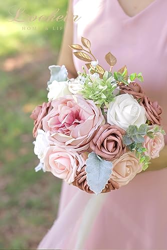 Lookein Bridesmaid Bouquet Set of 4 Boho Wedding Bouquet 7-Inch Fake Flower Bouquet for Bride Tossing Bouquet for Wedding Ceremony, Elegant Dusty Rose - color: 7" French Dusty Rose
