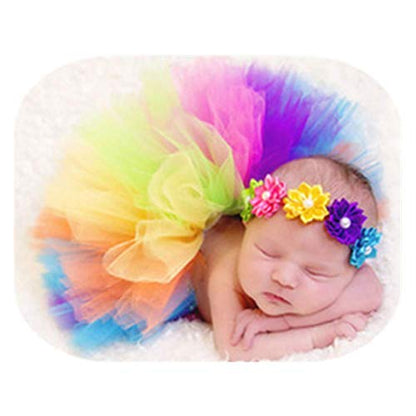 Baby Photography Props Boy Girl Photo Shoot Outfits Newborn Lovely Costume Tutu Dress Flower Headband - color: Rainbow Color