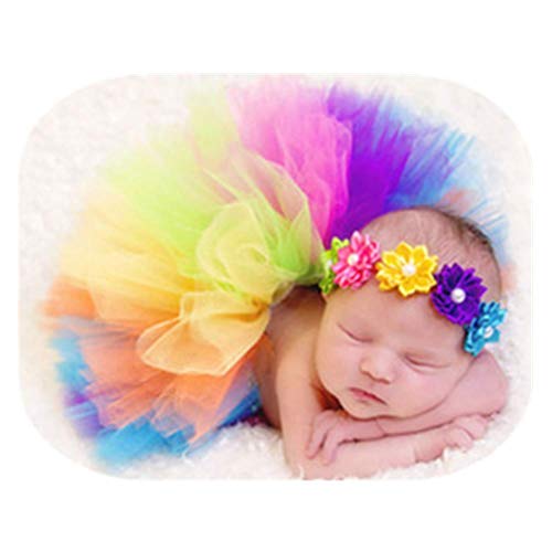 Baby Photography Props Boy Girl Photo Shoot Outfits Newborn Lovely Costume Tutu Dress Flower Headband - color: Rainbow Color