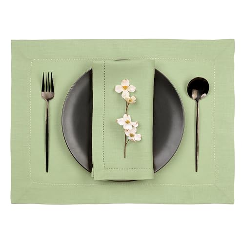 D'Moksha Homes Sage Green Linen Cloth Placemats Set of 4-100% Pure Linen Hemstitch Placemats 14 x 19 Inch - Classic Hemstitch Table Place Mats - Machine Washable - color: 16 - Sage Green