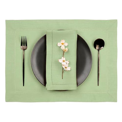 D'Moksha Homes Sage Green Linen Cloth Placemats Set of 4-100% Pure Linen Hemstitch Placemats 14 x 19 Inch - Classic Hemstitch Table Place Mats - Machine Washable - color: 16 - Sage Green