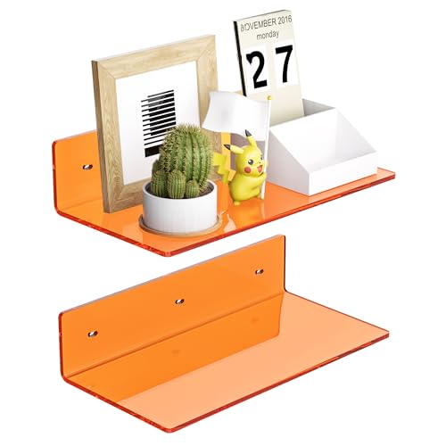 Sezanrpt 12 Inches Small Orange Wall Shelves Set of 2, Acrylic Floating Shelf for Bedroom, Living Room, Funko Pop Shelves, Smart Speaker, 2 Pack - color: Orange, size: 12 Inch