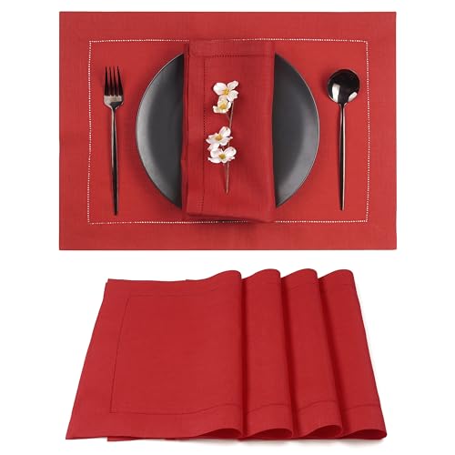 D'Moksha Homes Linen Placemats Set of 4 - Classic Hemstitch Bright Red Placemats 14 x 19 Inch - 100% Pure Linen Table Mats for Spring - Handcrafted and Machine Washable - color: 12 - Bright Red