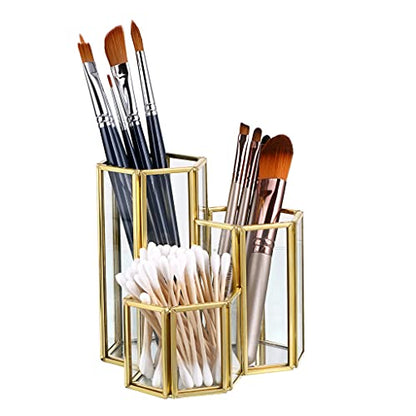 Hipiwe 3 Slots Glass Makeup Brush Holder - Gold Hexagon Cosmetics Brush Eyeliners Display Cup Home Decorative Makeup Organizer Desktop Pen/Pencil Pot Holder for Office - style: 3-Slot Hexagon,Gold