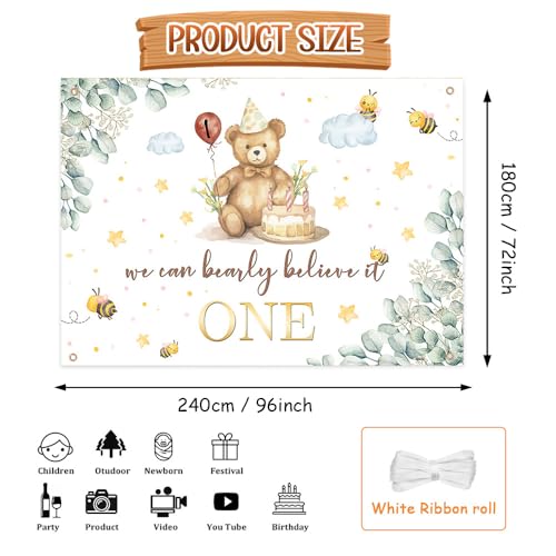 AIBIIN Bear 1st Birthday Backdrop We Can Bearly Believe It One Photography Background Bear Bee First Birthday Party Party Decorations Banner Photo Props 8x6ft - color: White, size: 8x6ft