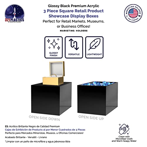 2 Pack Acrylic Display Riser Boxes 3 Piece No Lid Black Retail Product Riser 4", 5", 6" High Multi Level One Open Side Merchandise Storage Box POP Showcase by Marketing Holders - size: Set of 3 Black