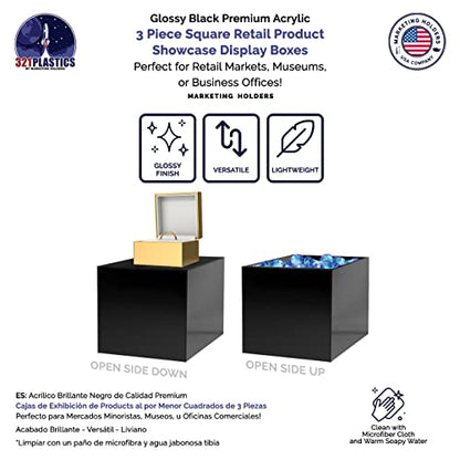 2 Pack Acrylic Display Riser Boxes 3 Piece No Lid Black Retail Product Riser 4", 5", 6" High Multi Level One Open Side Merchandise Storage Box POP Showcase by Marketing Holders - size: Set of 3 Black