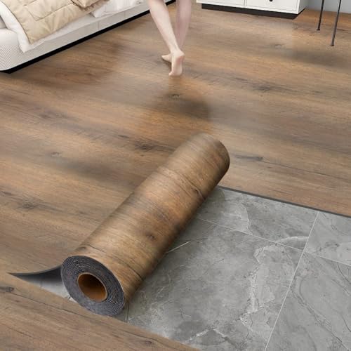 Luxury Thicken Wood Grain Peel and Stick Floor Tiles Self-Adhesive Vinyl Flooring Roll-DIY Easy for Wall and Floor,Hard Surface/Waterproof/Anti Slip (Brown Vinyl Flooring, 17.72 "W x 118" L) - color: Brown vinyl flooring, size: 17.72 "W X 118" L