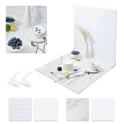 2 PCS Boards Photo Backdrop for Flat Lay, Food Photography Background 24x24 Inch, White Marble Subway Tile Tabletop Backdrop Board BEIYANG - color: Marble+Subway Tile