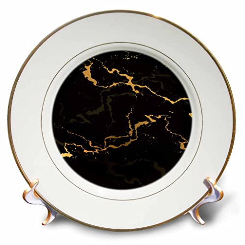 3dRose Image of black and yellow marble texture, faux stone backdrop 8 inch Porcelain Plate
