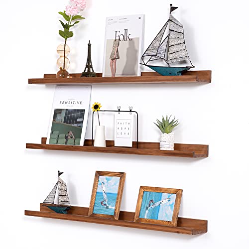 MBYD 36 Inch Photo Picture Ledge Shelf, Light Walnut Floating Wall Nursery Book Shelves Floating Bookshelf for Kids Bedroom Bathroom Kitchen Home Decoration, Set of 3 - color: Light Walnut, size: Set of 3 36 in
