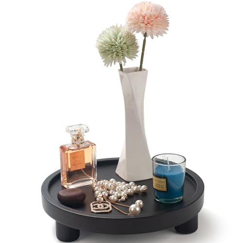2 Pcs Wood Riser for Display, Round Wooden Tray Decor, Farmhouse Pedestal Stand, Decorative Riser Tray for Kitchen or Bathroom Counter, Black