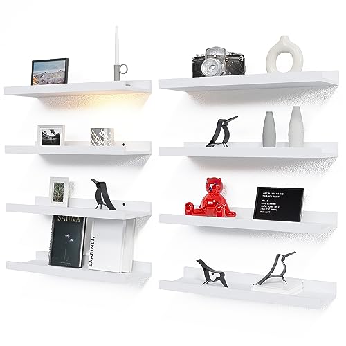 RICHER HOUSE 8 Set Floating Wall Mounted Shelves, Nursery Hanging Book Shelves with Lip for Storage, White Display Picture Ledge Shelf for Bedroom Bathroom Kitchen Living Room Wall Decor, Modern White - color: White, size: 8pcs*15.75in