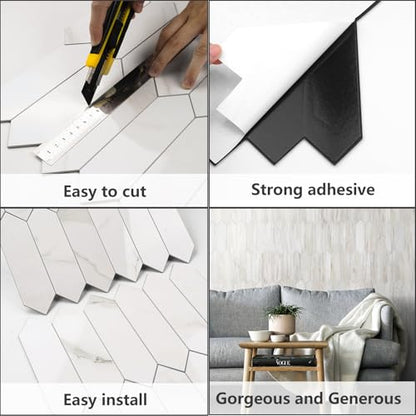 Vamos Tile Glossy White Marble Backsplash Tile Peel and Stick, 12.8 x 12.8 Inch 10 Sheets Long Hexagon PVC Self Adhesive Mosaic Wall Tiles Stick on Backsplash for Kitchen and Bathroom - color: Glossy White Marble