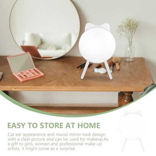 Cat Ear Makeup Mirror with Tripod Stand and Comb, White Desktop Cosmetic Mirror, Fashionable Vanity Table Decor and Photo Prop