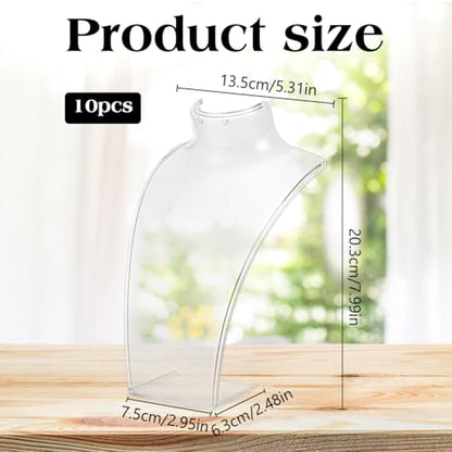ORIGACH 10 PCS Acrylic Necklace and Earring Display Bust Stand, Clear 3D Necklace Display Stand, Transparent Jewelry Mannequin for Selling Trade Shows Photography Props Retail, 8Inch Height