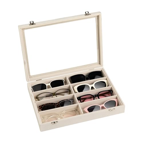 Frebeauty Sunglass Organizer,Velvet Glasses Organizer,8-Slot Sunglasses Tray with Clear Lid,Men's/Women's Sunglasses Box,Sunglass Case,13.3 x 9.6 x 2.2 Inches,Eyeglass/Eyewear Display Tray(Beige) - color: Beige, style: With Lid