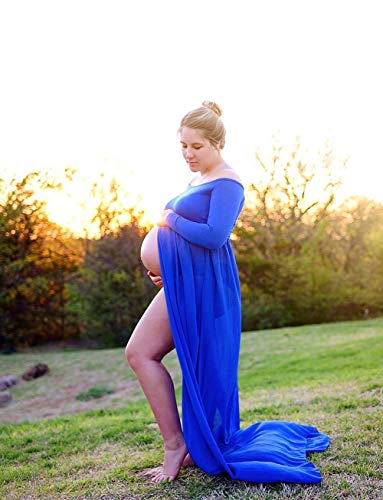 ZIUMUDY Maternity Maxi Chiffon Photography Dress Split Front Gown for Photoshoot - color: Blue