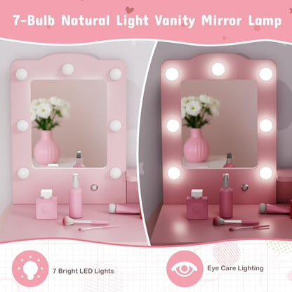 Arlopu Kids Vanity Set and Mirror, Wooden Pretend Play Vanity Table and Chair Set for Girls with Stool, Drawer, Princess Makeup Dress-Up Toy for Toddlers 3+Year Old (Pink) - color: Pink