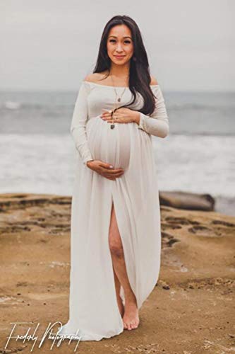 ZIUMUDY Maternity Maxi Chiffon Photography Dress Split Front Gown for Photoshoot - color: White