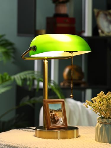 Traditional Green Glass Bankers Desk Lamp with Pull Chain Switch Plug in Fixture,LED Bulb Included - color: Green