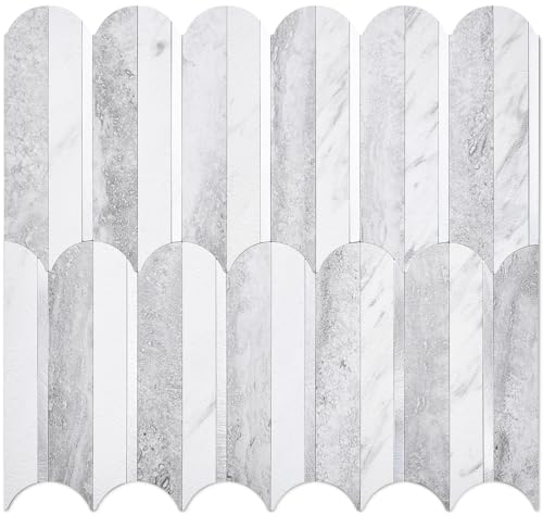 DICOFUN 10-Sheet Grey & White Marble Peel and Stick Backsplash for Kitchen, PVC Stick on Backsplash Wall Tiles - color: Fish Scale/Grey and White Marble, size: 10 Sheets, 12"x12"x0.12"