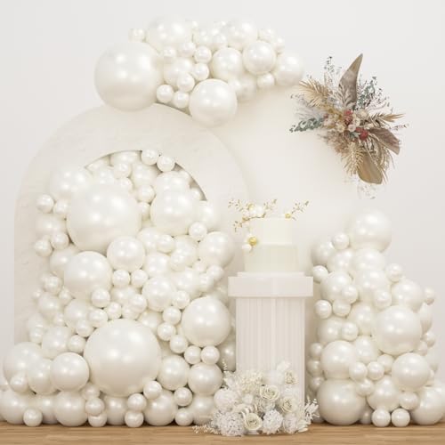 Double Stuffed White Balloons Different Size 115Pcs 5/10/12/18 Inch White Pearl Balloons Arch Garland Kit for Wedding Bridal Shower Birde to be Engagement Baby Shower Birthday Party - color: White
