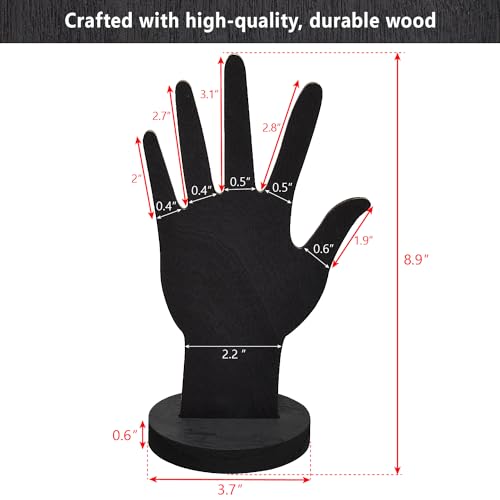 MOOCA 6-Piece Real Wooden Hand Form Jewelry Display Set, 2 Way Design for Wall Hanging or Standalone Mannequin Finger Hand Display, Premium Real Wood Sturdy Base, Black Color - color: Black