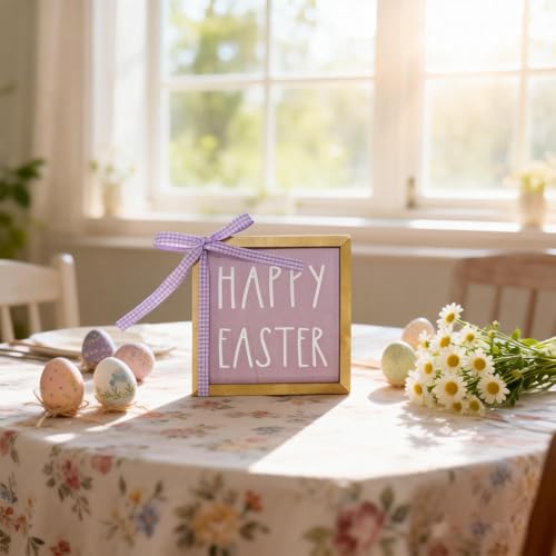 Happy Easter Wood Plaque 6x6 Inch - Purple Square Leaner Sign for Tiered Tray Decor - Lightweight Thin Wooden Prop with Gingham Ribbon Bow for Shelf Styling, Spring Basket Filler (No Stand)