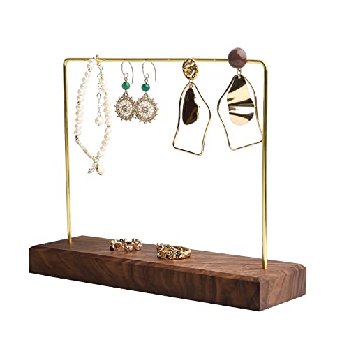 Walnut Earring holder for selling, Brass earring stands and displays for show, Wood Jewelry Storage hanging shelf for Girl Woman【Walnut U Shelf Height 5.91"-Small】
