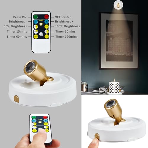 Wireless Spotlight Battery Operated, Dimmable LED Accent Light with Remote Control, 3000K Warm White Uplight Focus Light for Display Painting Picture Artwork Closet (2 Pack) - color: White Gold, size: 2 Pack