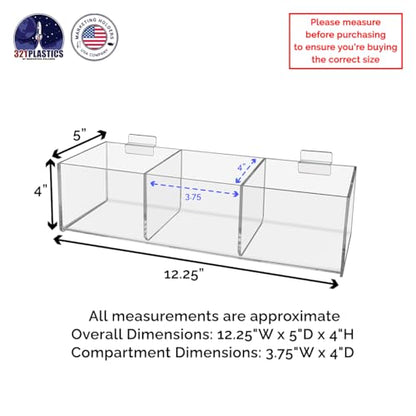 Slatwall Acrylic Retail Tray 12 Inch Wide x 5 Inch Deep Triple Compartment Dump Bin Clear Product Merchandise Storage Caddy for Businesses by Marketing Holders - size: 3 Sections