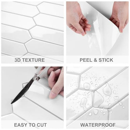 WESTICK 10-Sheet White Subway Tile Peel and Stick Wall Tile Long Hexagon Kitchen Backsplash Tiles Self Adhesive Waterproof Faux Marble Stick on Backsplash for Walls Bathroom Laundry Room 12" x 12" - color: 8.Hexagon white