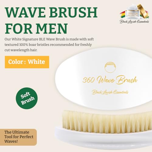 360 Wave Brush, Build Deeper Waves, Soft & Hard Boar Bristle, Curved Design, Black Lavish Essentials Signature (Soft Brush, White) - color: White, size: Soft Brush