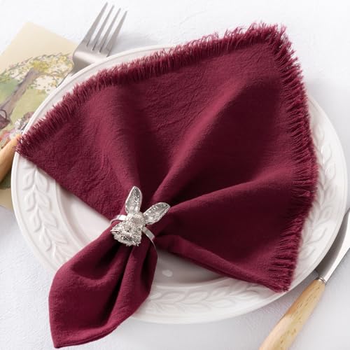 DeZerlor 6 Pack Burgundy Red Cotton Linen Napkins with Fringe Summer Cloth Napkins Set of 6 Boho Handmade Dinner Napkins Bulk for Wedding Bridal Baby Shower Parties, 17 x 17 Inches - color: Burgundy, size: 17" x 17" (Set of 6)