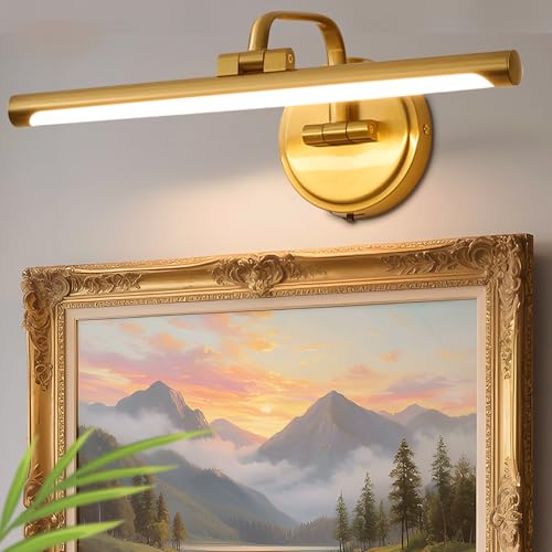 Hard-Wired Picture Light for Wall,16'' Inch Modern Brass Metal Body Dimmable Frame Light with Adjustable Swing Arm 3CCT LED Art Display Light for Paintings Gallery 6W Wall Light, Hallway Vanity Light - color: Gold, size: 16" Long Dimmable