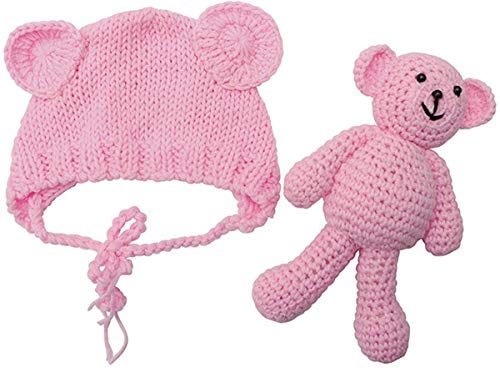 Newborn Baby Photo Shoot Props Boys Girls Crochet Knitted Hat Bear Hat Beanie with Bear Dolls Photography Props - color: Pink